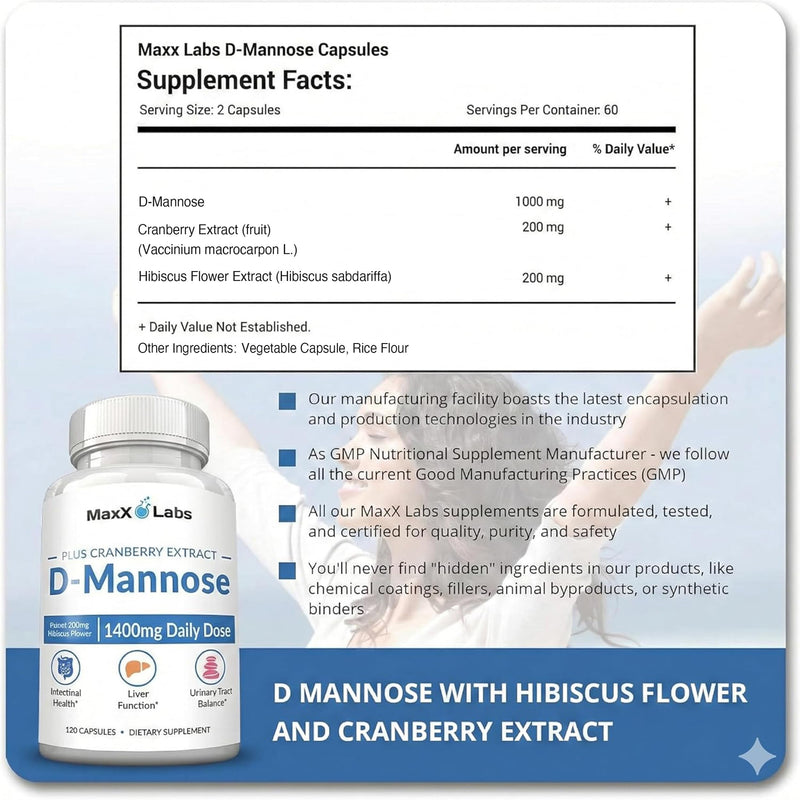 D-Mannose Capsules, 1400 Mg with Cranberry & Hibiscus Flower, 120 Ct | Fast Acting Formula, Supports Bladder & Urinary Tract Health - Extra Strength 60 Servings 120 Count (Pack of 1) D Mannose