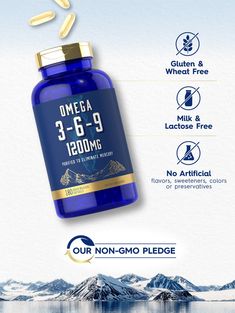 Carlyle Omega 3 6 9 Supplement | 1,200mg | 180 Softgel Capsules | Triple Omega Complex | Fish, Flaxseed & Borage Oils with EPA & DHA | Non-GMO & Gluten Free