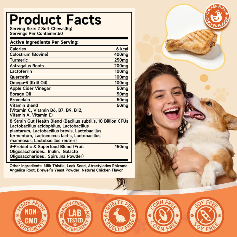 Dog Allergy Chews with Feeding Tweezers, Dog Probiotics for Itchy Skin and Ears, Bovine Colostrum, Lactoferrin and Multivitamins to Ssupport Immune Health for All Ages/Breeds, Chicken, 120 ct/300g