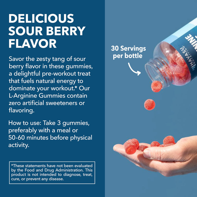 L-Arginine with L-Citrulline and Beet Root Gummies, Sour Berry, 30 Servings | Vegan, Non-GMO Nitric Oxide Supplement for Energy, Endurance, and Recovery Support, Energizing Sour Berry Flavor