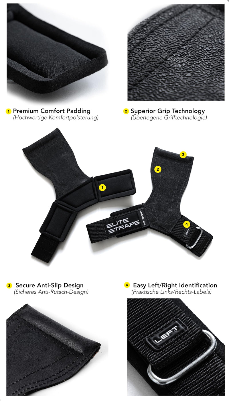 Fitgriff® Elite Straps - Lifting Wrist Straps (Rubber Grips) for Weightlifting, Gym, Workout, Deadlift - Anti-Slip Revolution for Men and Women Black XS