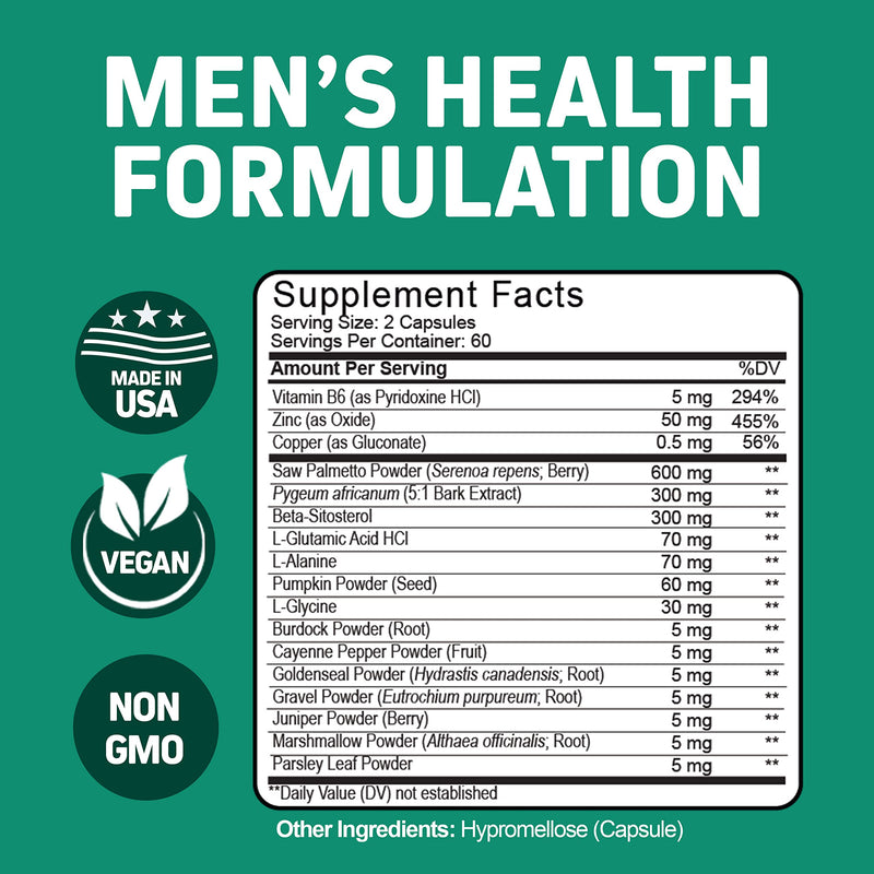 Dual Prostate & Hair Support for Men – Saw Palmetto, Beta-Sitosterol, Pumpkin Seed – Promotes Urinary Health & Natural DHT Blocking – 120 Capsules