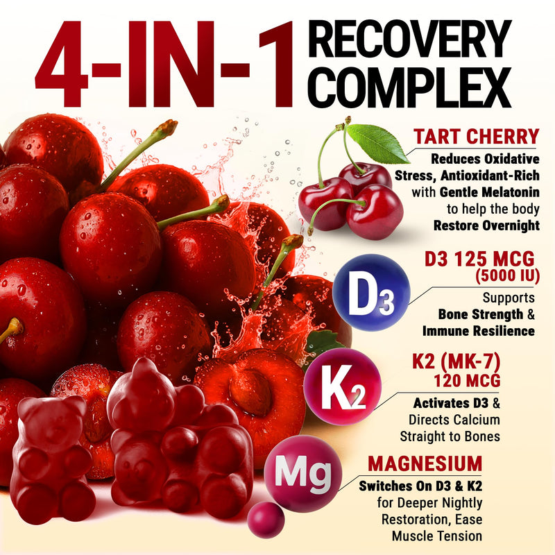 Recovery Tart Cherry Gummies with Vitamin D3 K2 5000 IU & Magnesium | Vitamin D3 K2 Gummies for Sleep, Bone & Immune Support | Non-GMO, Gluten-Free, Sugar-Free