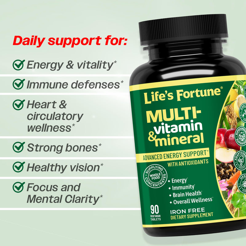 Life's Fortune Whole Food Multivitamin & Mineral Supplement for Men & Women – Energy Support Vitamins for Immune, Brain & Metabolism Support – Iron Free, 90 Vegetarian Tablets 90 Count (Pack of 1)
