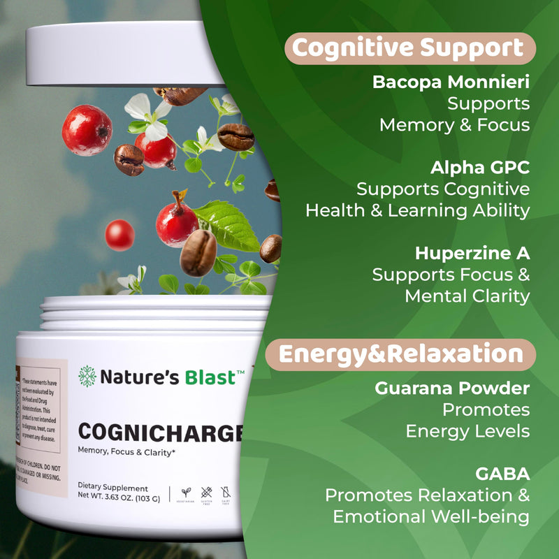 CogniCharge Brain Supplements for Memory, Focus & Clarity - with Bacopa Monnieri Extract, Guarana Powder, Niacin, L-Tyrosine, Alpha GPC, GABA - 3.63 Oz - 30 Servings - Cocoa Mist Flavor - BeesActive Australia
