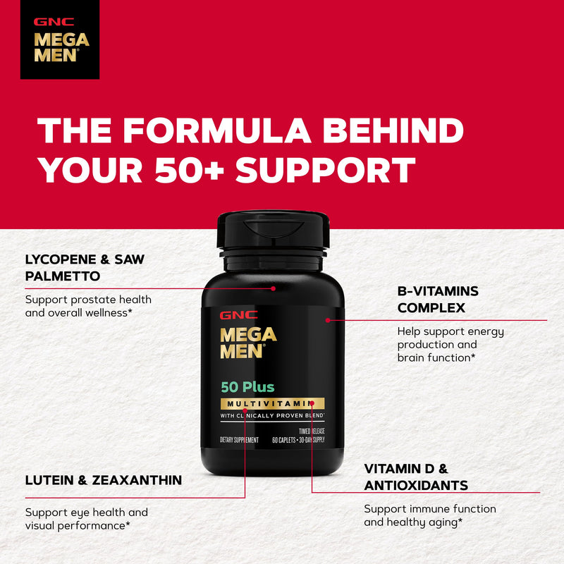 GNC Mega Men 50 Plus Multivitamin for Men, Heart & Prostate, 60 Count | Clinically Studied Antioxidant Formula Supports Heart Health, Prostate Health, and Protection Against Free Radicals 60 Count (Pack of 1)
