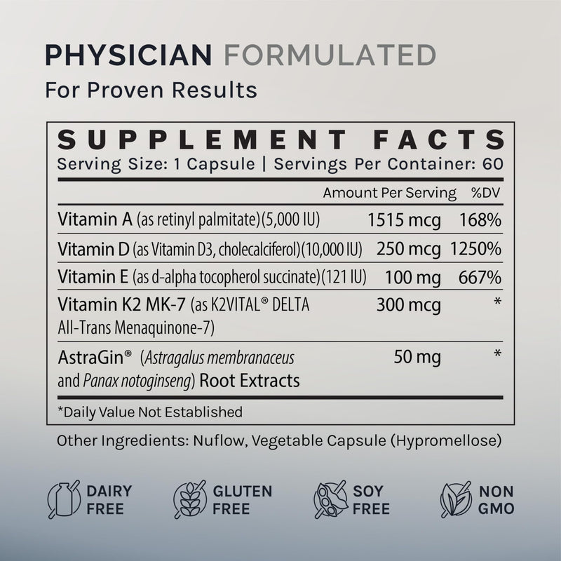 InfiniWell Defend Pro Bone & Immune Support Supplement - Vitamin A, D3 & K2 Supplement - Bioavailable, Active Nutrients - 250mcg VIT D - Aid Bone Strength, Heart Health & More (60 Capsules)