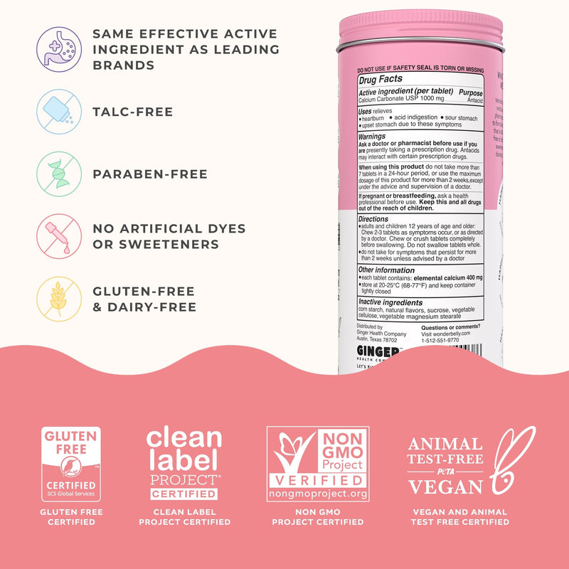 Wonderbelly Antacid, Effective Heartburn and Instant Acid Indigestion Relief, Extra Strength Chewable Tablets, 1000 mg Calcium Carbonate, No Talc or Dye, Strawberry Milkshake, 120 Count 120 Count (Pack of 1)