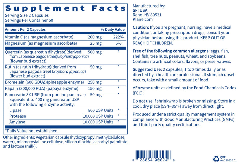 Klaire Labs Quercetin-Bromelain Forte - Immune & Seasonal Support Enzymes with Pancreatic, Proteolytic, Bromelain, Papain Enzymes & Bioflavonoids (100 Capsules) - BeesActive Australia