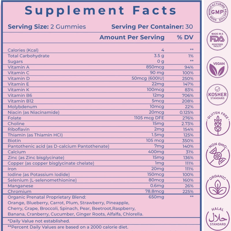 VIDAVITE Sugar Free Prenatal Gummies — Vegan Prenatal Vitamins for Women | US-Made, 30+ Nutrients (Choline, Folate, Iron, Vitamin) for Fetal and Neural Support, Energy Boost & Immunity (60 Gummies)