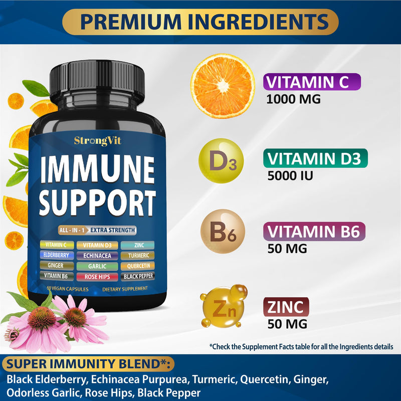 StrongVit Immune Support Supplement 12 in 1 Complex with Vitamin C, D3, Zinc, Echinacea, Elderberry, Ginger, Turmeric. Immune Defend for Men & Women, Non-GMO, Gluten-Free, Vegan, USA 60 Count (Pack of 1)