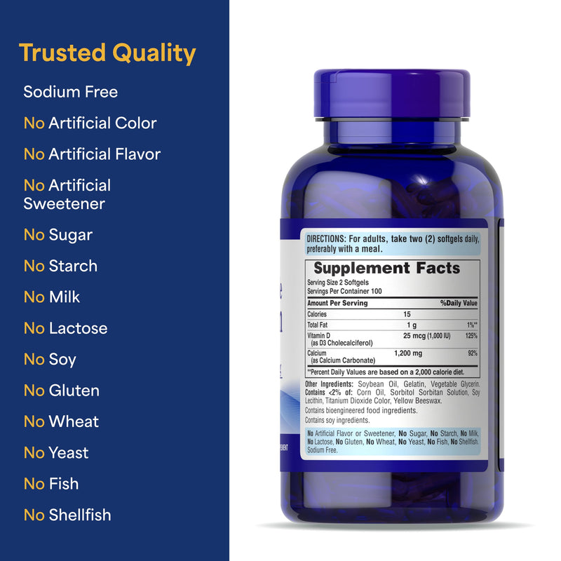 Puritan's Pride Absorbable Calcium 1200 mg Plus Vitamin D3 25mcg 1000 IU with Bone-Active‚Ñ¢, 200 Rapid Release Softgels 200 Count (Pack of 1) - BeesActive Australia