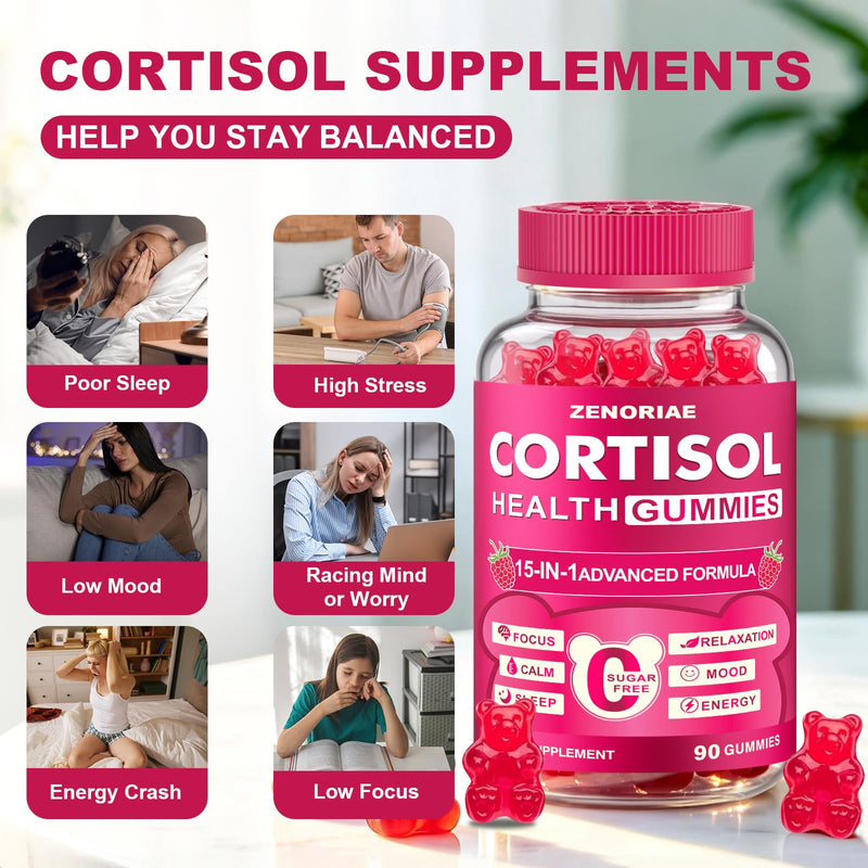 Cortisol Supplements for Women & Men, Sugar Free, 15-in-1 Cortisol Gummies, with Magnesium, Ashwagandha, L-Theanine & Rhodiola, Stress, Mood & Focus Support, Vegan, Cortisol Reducer, 90 Count 90 Count (Pack of 1)