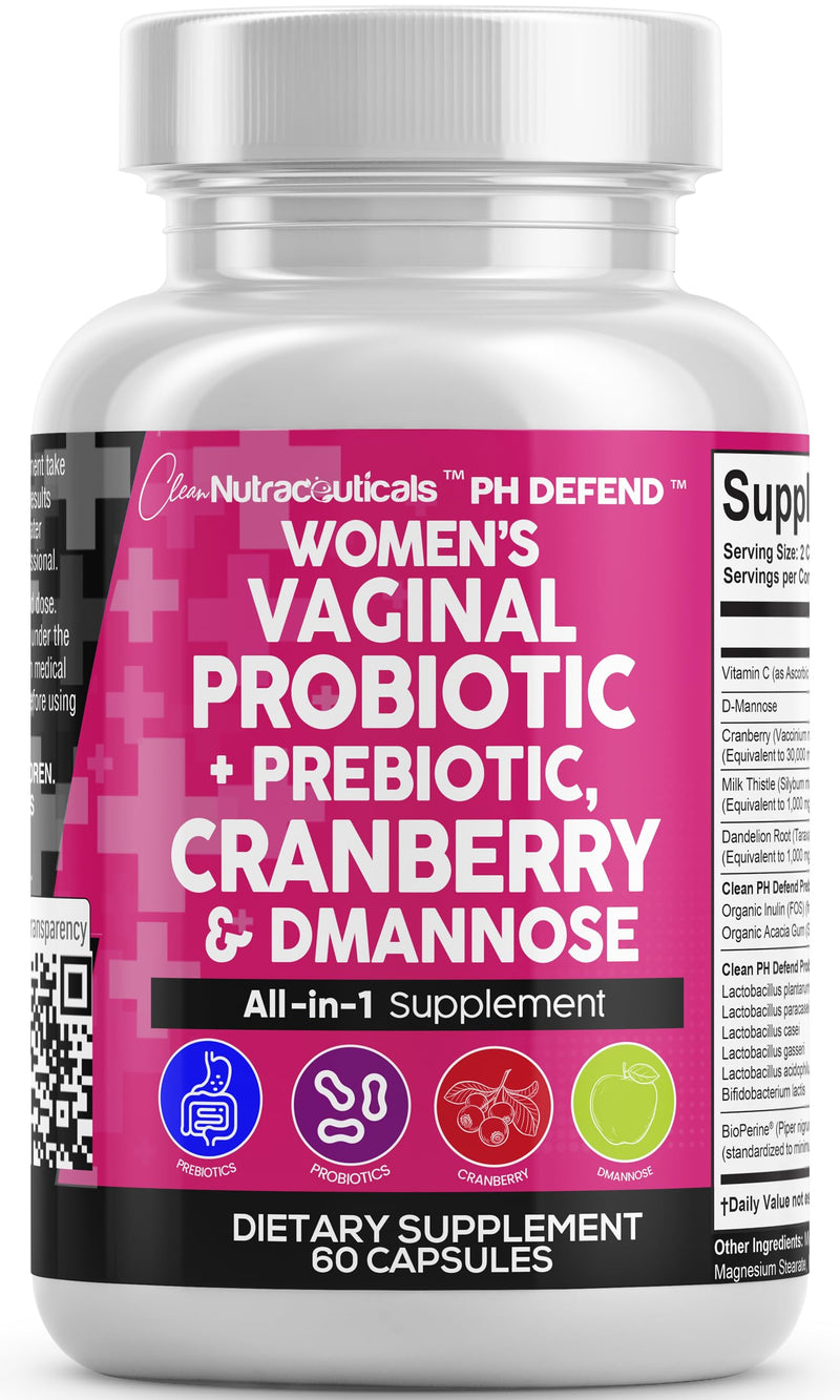Clean Nutraceuticals Vaginal Probiotics for Women with Cranberry, D-Mannose, Prebiotics, pH Balance Support, Feminine Health, Urinary Tract Cleanse – Capsule Alternative to Gummies – 60 Count 1