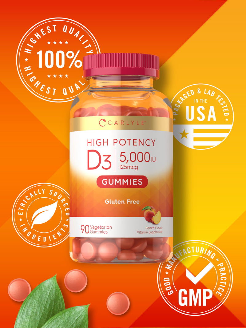 Carlyle Vitamin D3 Gummies 5000 IU (125 mcg) | 90 Count | Peach Flavor | Vegetarian, Non-GMO, Gluten Free Supplement 90 Count (Pack of 1)