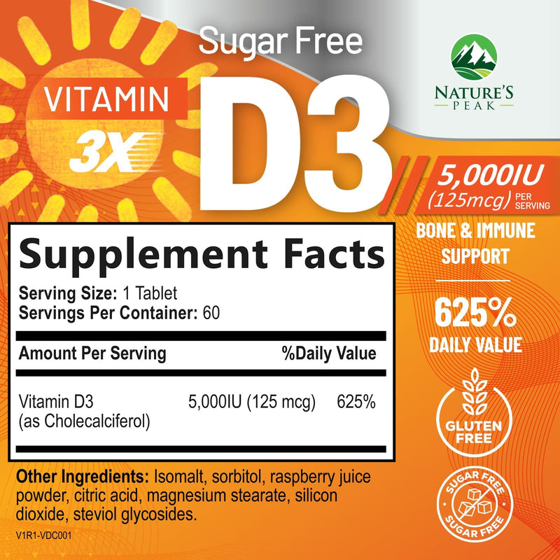 Vitamin D3 5000iu (125 mcg) Per Serving - 3X Strength Immune Health Support Vitamin D Dietary Supplement for Bone, Teeth, Muscle - Vit D, Vegan, Gluten Free, Raspberry Flavor - 60 Chewable Tablets 60 Count (Pack of 1)