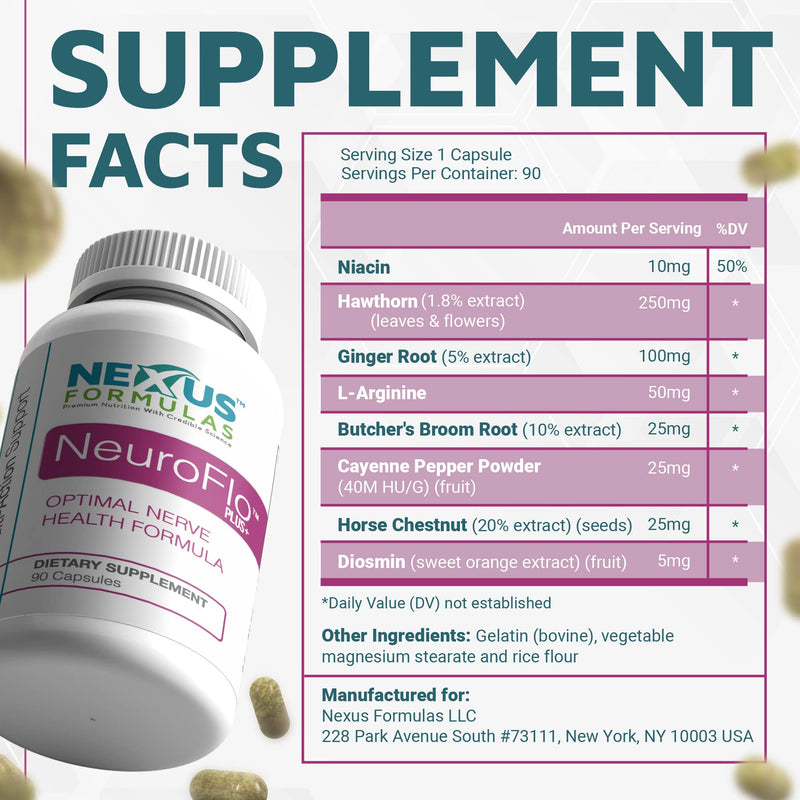 Nexus Formulas NeuroFlo, Contains Horse Chestnut Extract and Other Natural-Herbs, Nerve-Support and Blood-Circulation Supplements for Hands, Legs, and Feet Issues, 90 Capsules - Mizzle - BeesActive Australia