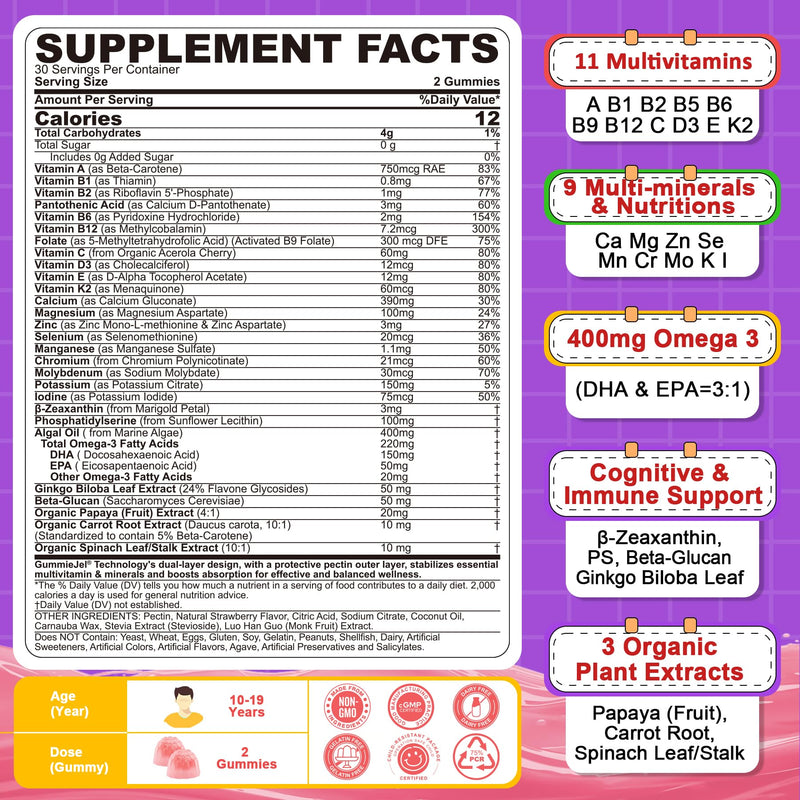 Multivitamin Filled Gummies for Teen Boys Girls 12-17, 18, 19, Kids 10+ Multivitamin with Omega 3, Calcium + Magnesium + Zinc, Multi-Minerals for Adolescent 10-19S Brain, Bone, Energy, Immune, 2Pack 60 Count (Pack of 2)
