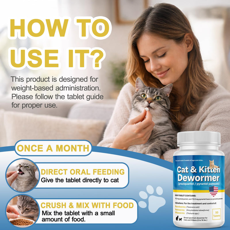 Praziquantel & Pyrantel Pamoate for Cats & Kittens, Dewo-mer for All Wormers, Tapeworms, Hookworms, Roundworms, Supports Digestive Health & Internal Balance, 50 Tablets