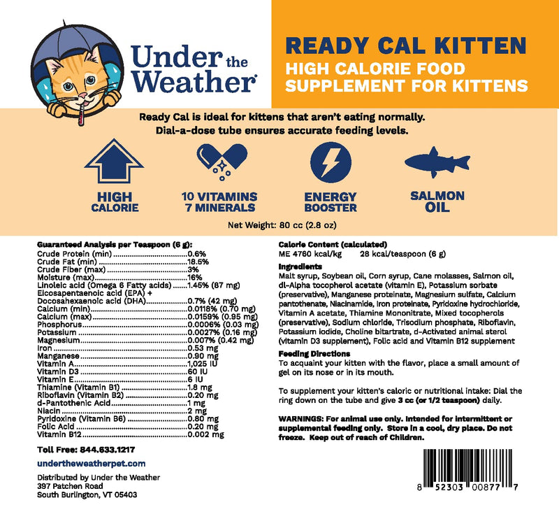 Under the Weather Pet | Ready Cal for Kitten | High Calorie Pet Nutritional Supplement for Weight Gain & Healthy Weight Maintenance | 10 Vitamins, 7 Minerals, Omega Fatty Acids & Carbohydrates | 80cc