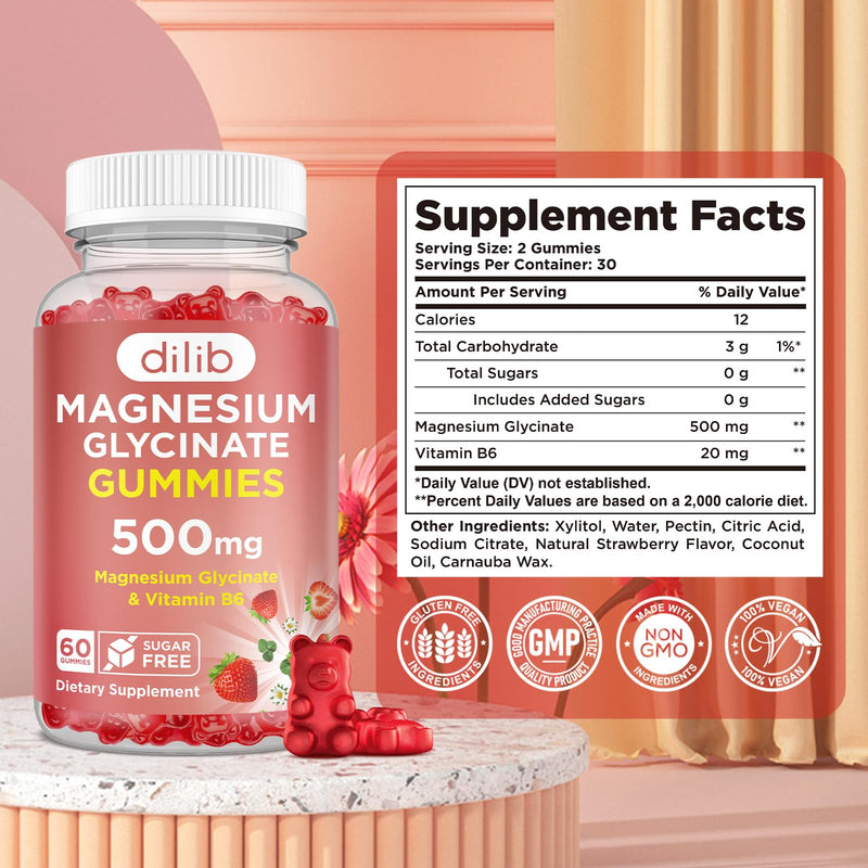 Magnesium Glycinate Gummies 500mg - Magnesium Supplement with Vitamin B6 for Adults & Magnesium for Kids - Calm Magnesium for Sleep, Mood, Muscle Support - Strawberry Flavor, 60 Gummies 60 Count (Pack of 1)
