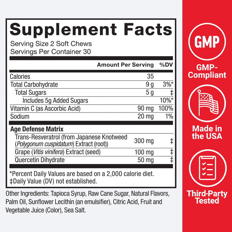 Force Factor Resveratrol Longevity & Anti-Aging Formula | Trans-Resveratrol with Grape Seed, Quercetin & Vitamin C, Anti-Aging Supplement, Mixed Berry, 60 Soft Chews