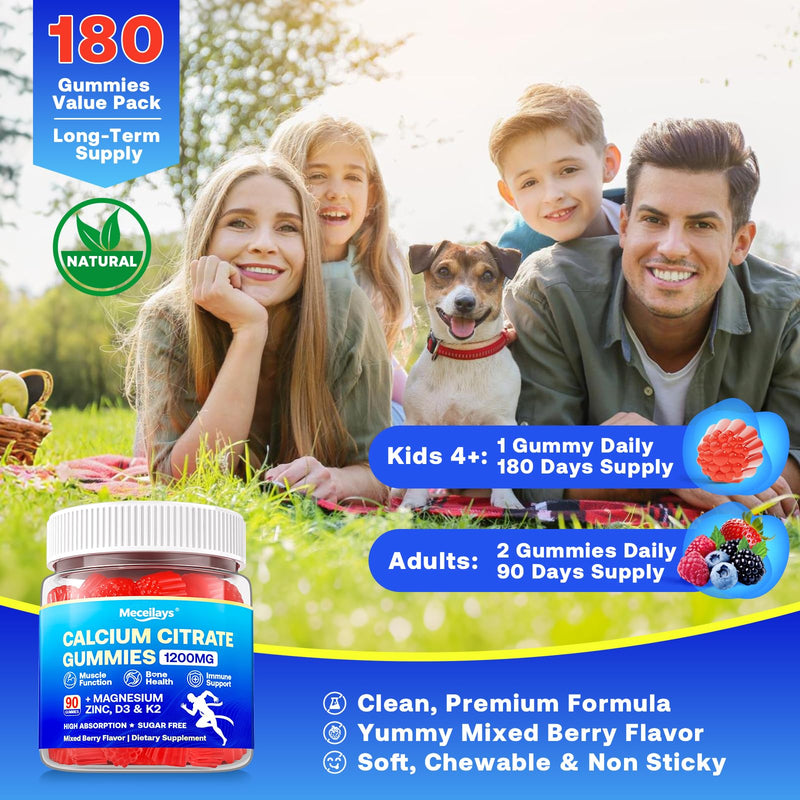 180 Count Calcium Citrate Gummies 1200 mg with Vitamin D3, K2, Magnesium & Zinc, High Absorption Calcium Supplements for Women & Men for B0ne, Muscle & Immune Support, Sugar Free, Mixed Berry Flavor 90 Count (Pack of 2)