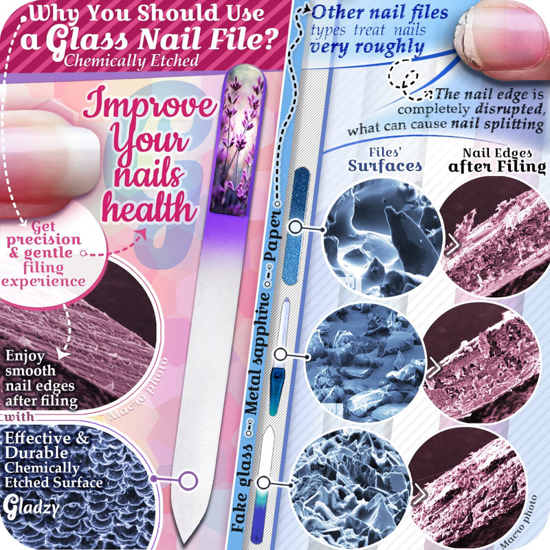 Genuine Czech Glass Nail File Set - Multi-Functional Shiner Buffer, Double Sided Different Grit Etched Surface, Manicure & Pedicure, Professional Nail Care Tool, EU Quality by GLADZY Shiner Set - With Big Nail File