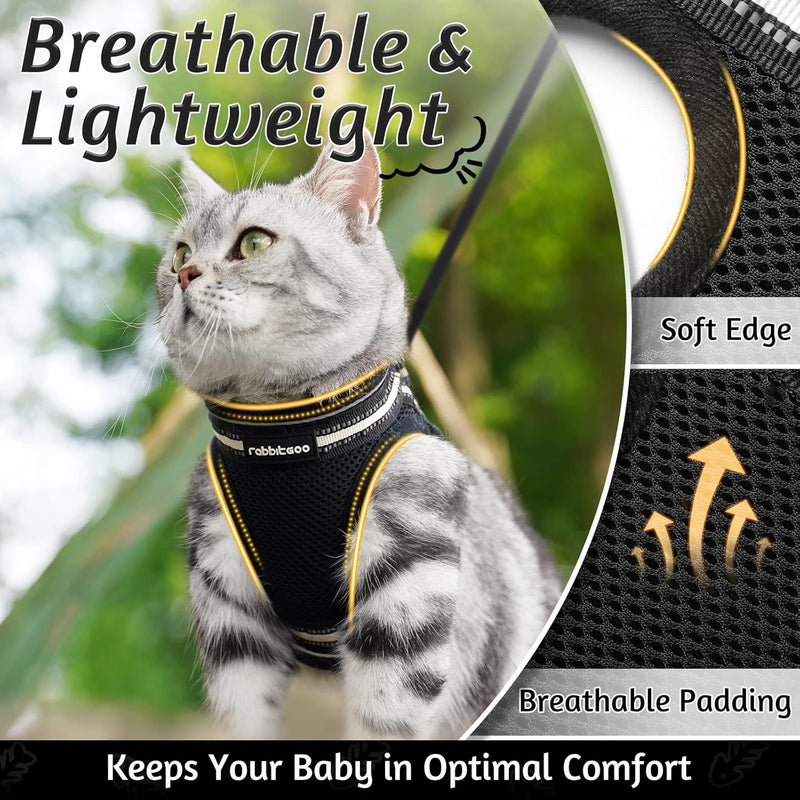 rabbitgoo Cat Harness and Leash Set for Walking Escape Proof, Adjustable Soft Kittens Vest with Reflective Strip for Cats, Comfortable Outdoor Vest, Black, S Small - BeesActive Australia