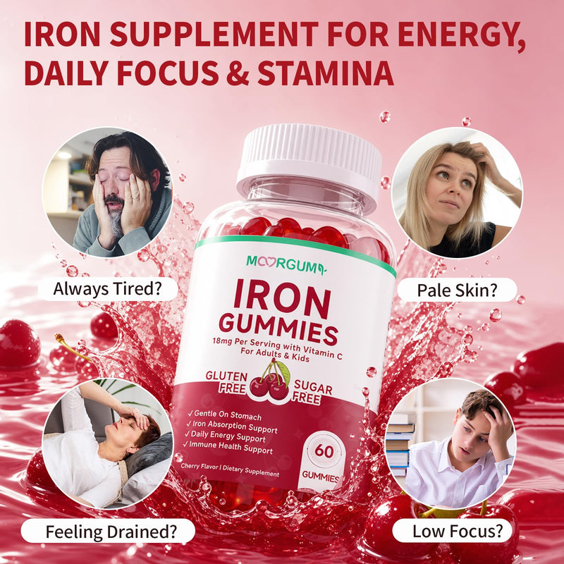Iron Gummies with Vitamin C, High Absorption 18mg Iron Supplements for Adults & Kids, Blood Builder & Energy Support for Women and Men, Gentle on Stomach, Cherry Flavor, 60 Count