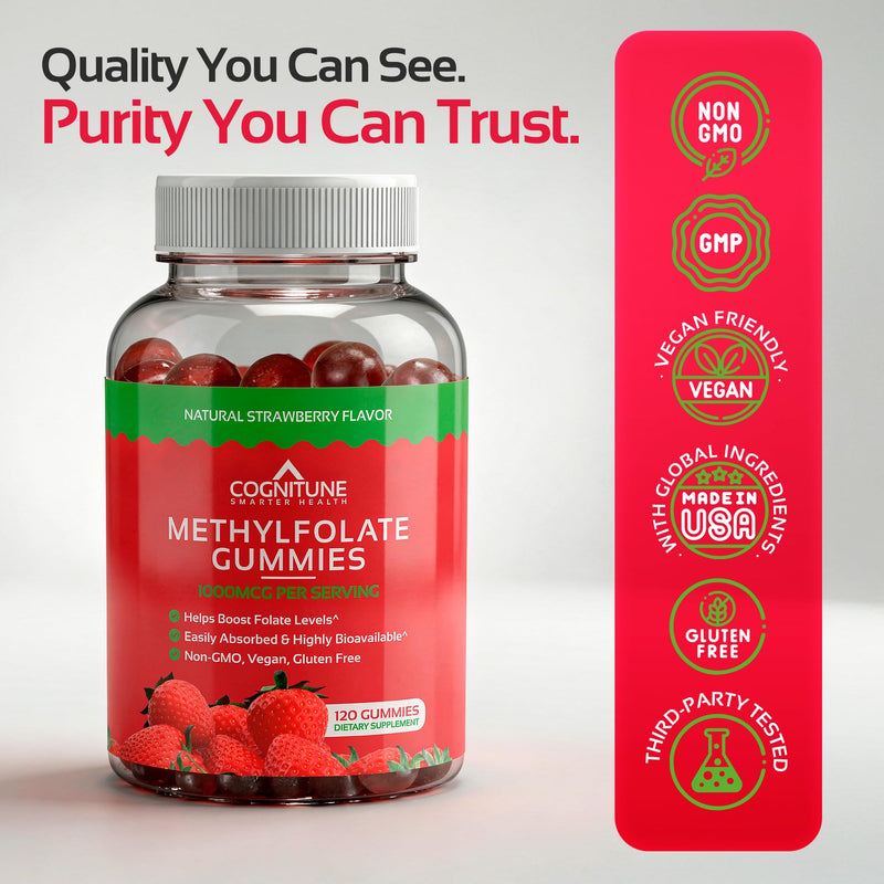 CogniTune Methylfolate Gummies for Kids and Adults 1000mcg 60 Count | L-Methylfolate 5-MTHF, MTHFR Support, Strawberry Chewable Vitamin B9, Non-GMO Vegan 60 Count (Pack of 1)