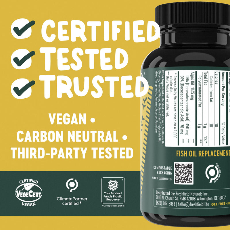 Freshfield Vegan Omega 3, Algae (Algal) Oil, Fish Oil Free Company, Third Party Tested, Carrageenan Free, DHA Supplement w/DPA, Plant Based Omega. Supports Heart, Brain, Joint Health. Lemon Scent Daily DHA 180 Count (Pack of 1)