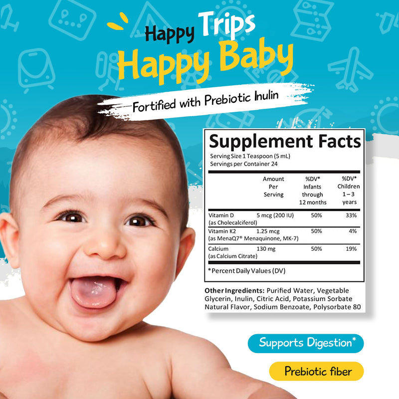 Baby Calcium Liquid Drops with Vitamin D3 & K2 – Gentle Bone & Growth Support Supplement – 24 Daily Servings – Inulin Fortified Prebiotic Fiber – Sugar Free, Gluten Free, Vegetarian, 4oz