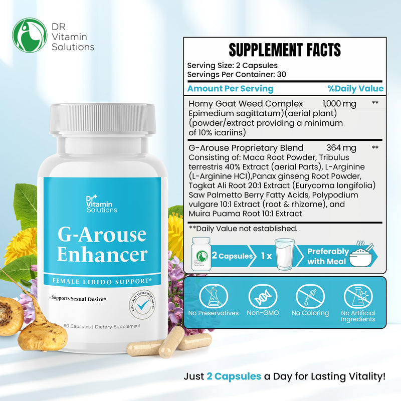 DR VITAMIN SOLUTIONS G-Arouse Enhancer for Female | Libido Booster for Women | Fast Acting Formula w/Horny Goat Weed, Maca Root, Tongkat Ali & Tribulus | Female Libido Booster for Energy, 60 Capsules