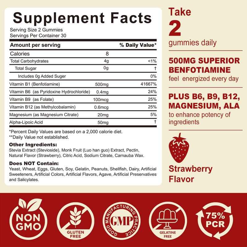Vitamin B1 Benfotiamine Gummies 500mg – B1 B6 B12 Vitamins & Magnesium | Energy Metabolism, Healthy Nervous System | Chewable B Complex for Adults & Kids | Vegan, Sugar Free, 60 Ct 60 Count (Pack of 1)