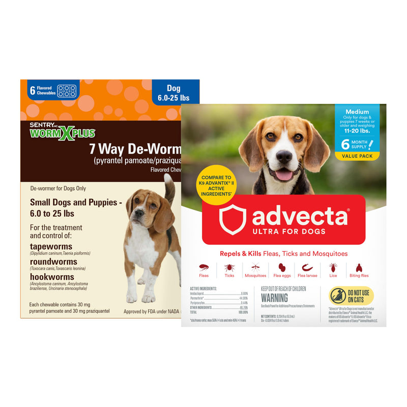 WORM X PLUS 7 Way DeWormer for Small Dogs 6-25 lbs (6 Count) + ADVECTA Flea and Tick Prevention for Medium Dogs 11-20 lbs (2 Count) Bundle