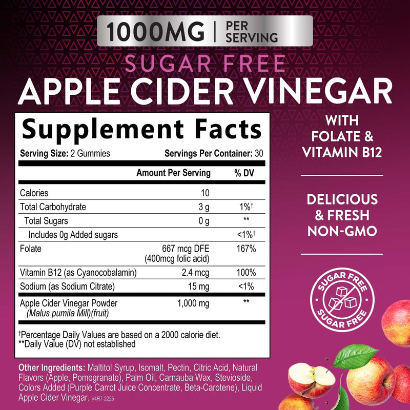 Apple Cider Vinegar Gummies for Weight Loss - Sugar Free - Max Strength ACV Gummy with Vitamin B12 & The Mother - Metabolism & Energy Support - Vegan Apple Cider Vinegar Gummy Supplement - 60 Gummies 60 Count (Pack of 1)