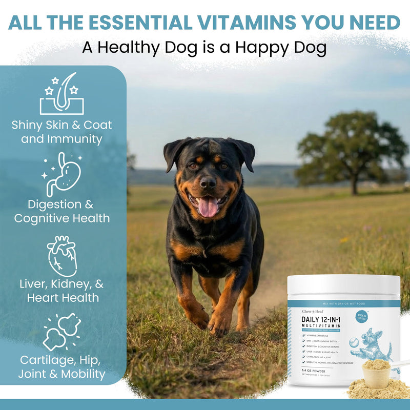 12-in-1 Multivitamin Powder for Dogs - 5.4 oz of Puppy and Senior Dog Vitamins and Supplements - Advanced Formula with Glucosamine, Omega 3,6,9, Vitamins, Probiotics, and More - Made in the USA 5.4 Ounces