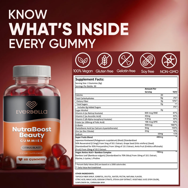 NutraBoost Beauty Gummies | Beauty Support Formula with Amino Acids, Bamboo Silica, Resveratrol, Biotin & Vitmain C | Support Skin, Nails & Hair Growth | Citrus Flavor, 30 Days Supply
