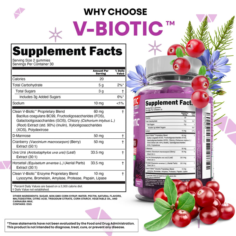 Clean Nutra Vbiotic Gummies, Cranberry, Horsetail, D-Mannose, UVA-Ursi, Probiotic Blend, Enzyme Blend, 60 Count (2) 2