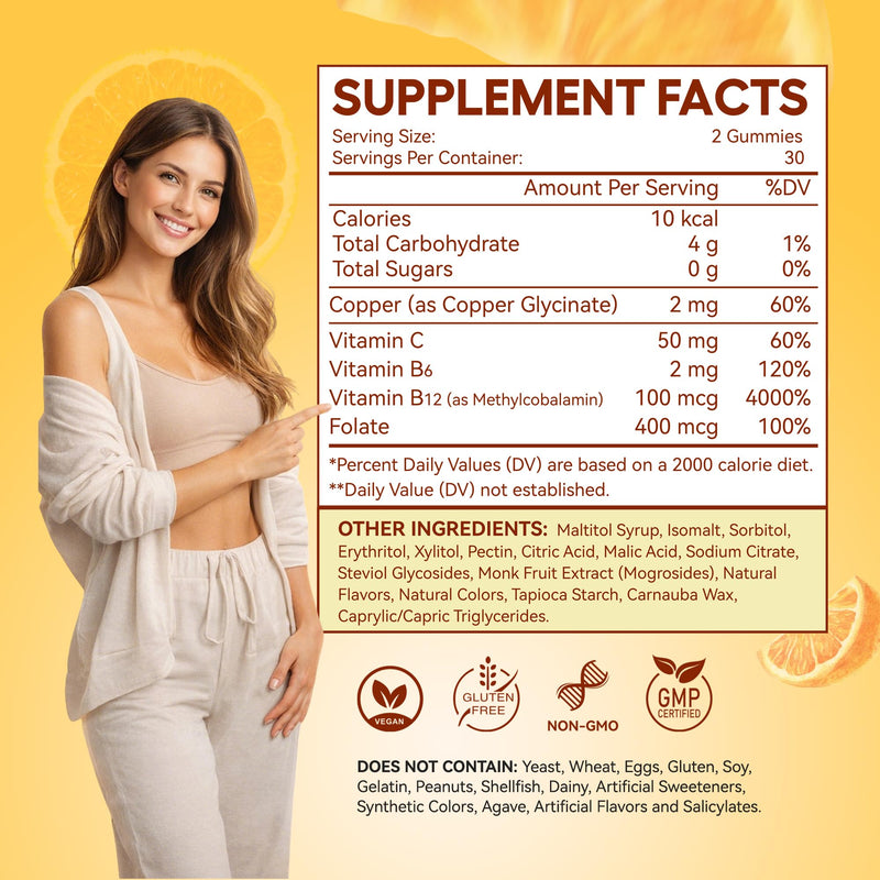 Copper Gummies, Skin & Hair Health, 2mg Chelated Copper Glycinate for Women | Copper Glycinate Gummies with Vitamins C, B6, B12 & Folate for Red Blood Cell Formation, Energy Metabolism & Immune Support