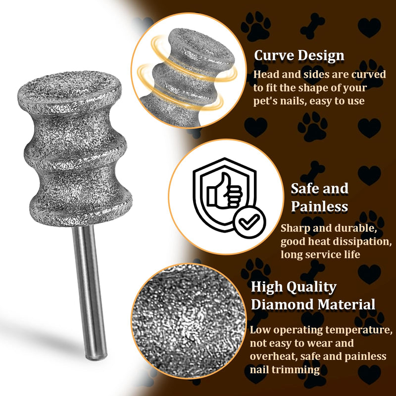 Diamond Rotary Nail Grinder Bits 1/8" Pet Toenail Grinder Attachment Dog Claw Grinder Replacement Heads Nail File Wheel for Medium Large Dogs Nail Care Clippers Trimming Parts - BeesActive Australia