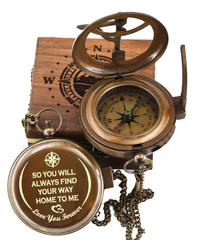So You Can Always Find Your Way Back to Me - Personalized Sundial Compass with Wooden Box Luxury Gift - Anniversary Sundial Compass - Brass Compass Personalised Gifts for Men