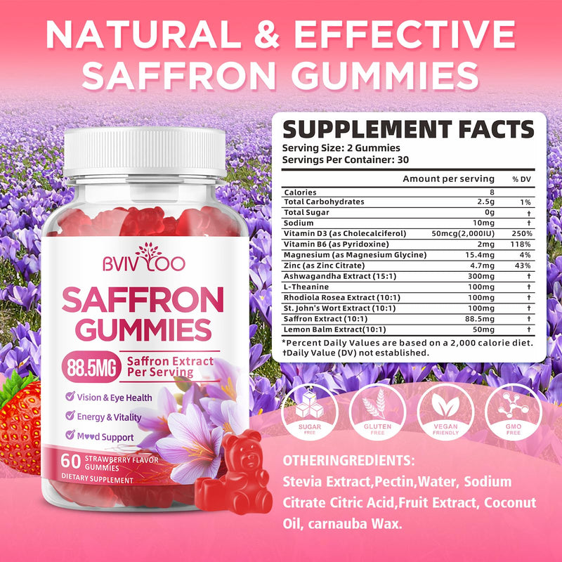 Saffron Gummies for Adult Kids, 10-IN-1 Formula with Saffron 88.5mg, Vitamins D3 & B6, Magnesium, Zinc, Ashwagandha, L-Theanine, St. John's Wort - Supports Mood & Focus, Strawberry Flavor, 60 Count 2pack