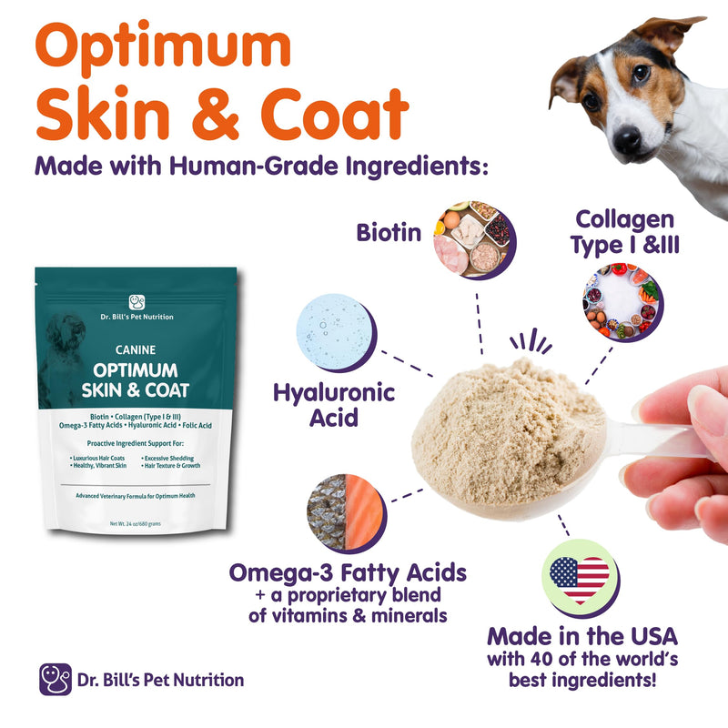 Dr. Bill’s Canine Optimum Skin & Coat (680g) – Fish Oil Omega-3 Fatty Acids Dog Supplement with Biotin, Type I & III Marine Collagen, Hyaluronic Acid & Folic Acid Canine Skin & Coat (680g) - PawsPlanet Australia