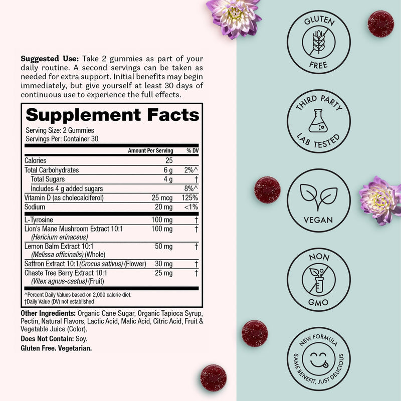 Winged Wellness Happy Her, Daily Mood Support Gummies for Women, 60 Gummies | Daily Mood Enhancer Vegan Supplement - Saffron, L-Tyrosine, Lemon Balm, & Lions Mane Mushrooms for Balance & Calming Relief 60 Count (Pack of 1)