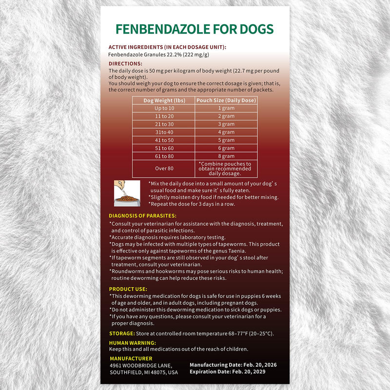 Fenbendazole Dog Dewormer Powder for Tapeworms, Roundworms, Hookworms & Whipworms, 1g Pouch (Treats 10lbs per Pouch)
