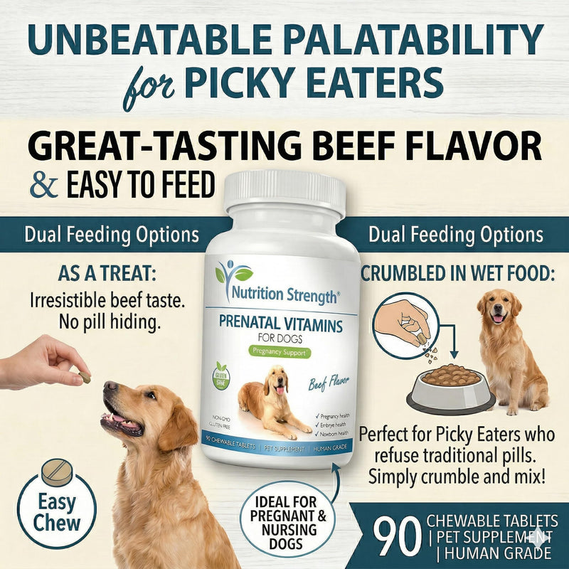 Prenatal Vitamins for Dogs to Support Development of Healthy Puppies, Promote Milk Production, with Folic Acid, Iron, Zinc, Iodine, B Vitamins for Pregnant Dogs, 90 Chewable Tablets Beef
