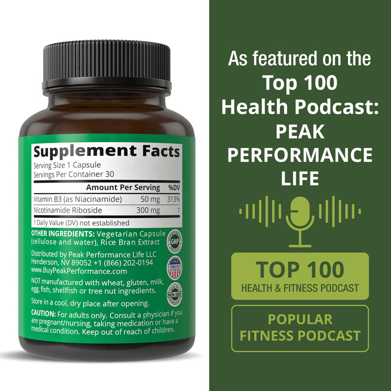 Peak Performance Nicotinamide Riboside NR Supplement Capsule | NMN Alternative NAD Supplement + Niacinamide for NAD+ Levels As We Age. 3rd Party Tested, Non-GMO, Vegan for Women and Men