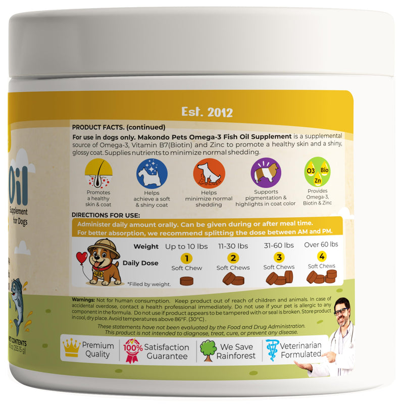 Omega 3 Soft Chews – Salmon Oil for Dogs Skin and Coat Support, Itch Relief & Shedding Support – EPA & DHA Dog Fish Oil Fatty Acids – 120 Chews by Makondo Pets.
